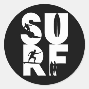 Sticker Rond Surfeur avec planches de surf dans le cavalier de