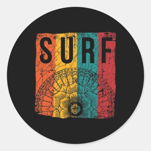 Sticker Rond Surfeur de plage rétro surf avec mandala (Devant)