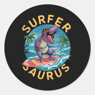 Sticker Rond Surfeur Saurus T-rex Dinosaures Surfant Cavalier D
