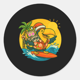 Sticker Rond Surfing Santa Toucan Fun Cat And Raccoon Christmas