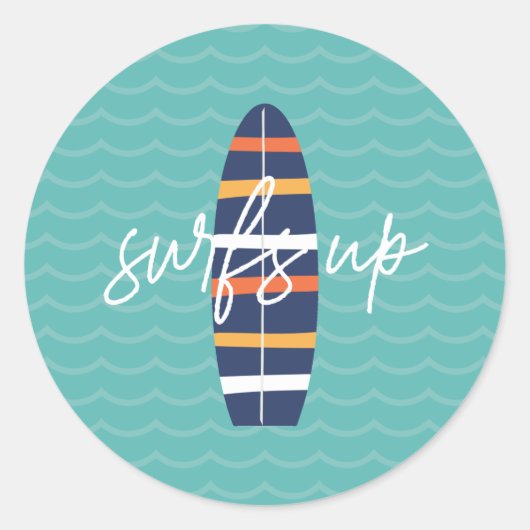 Sticker Rond Surfs Up surboard et vagues Anniversaire (Devant)