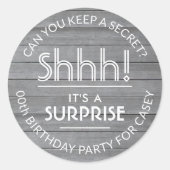 Sticker Rond Surprise fête d'anniversaire Rustic Wood Grey and (Devant)