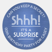 Sticker Rond Surprise fête d'anniversaire Shhh! Bleu et blanc b (Devant)