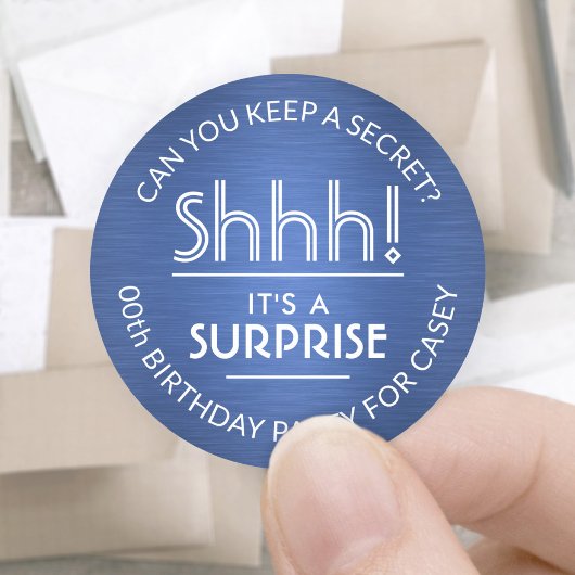 Sticker Rond Surprise fête d'anniversaire Shhh! Bleu et blanc b