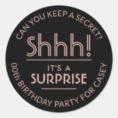Sticker Rond Surprise fête d'anniversaire Shhh! Rose et noir él (Devant)