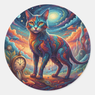 Sticker Rond Surréalisme Chat de voyage dans le temps fantaisis