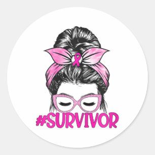 Sticker Rond Survivant Messy Bun Pink Ribbon Cancer du sein Awa