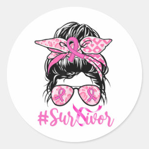 Sticker Rond Survivant Messy Bun Pink Ribbon Leopard Breast Can