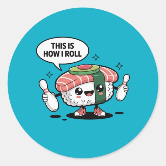 Sticker Rond Sushi Cute Kawaii avec épingles de bowling (Devant)