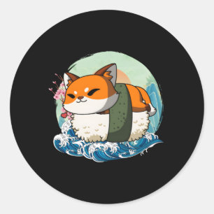 Sticker Rond Sushi Fox japonais grande vague Kanagawa