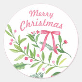 Sticker Rond Swag à feuillage persistant | Joyeux Noël (Devant)