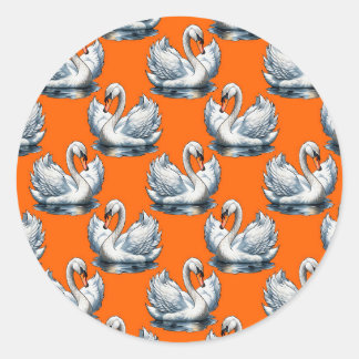 Sticker Rond Swan Birds Pattern Design On Orange 