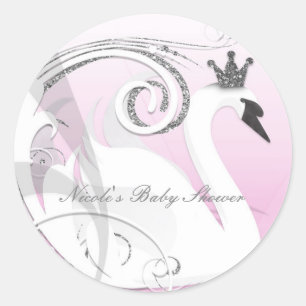 Sticker Rond Swan Princess Baby shower blanc argent rose Favori