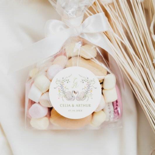 Sticker Rond Swans Floral Monogram Crest Wedding 