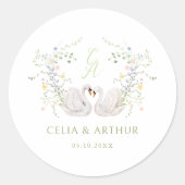 Sticker Rond Swans Floral Monogram Crest Wedding  (Devant)