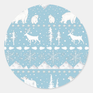 Sticker Rond Sweater Nordique Animaux D'Hiver Ciel Bleu Et Blan