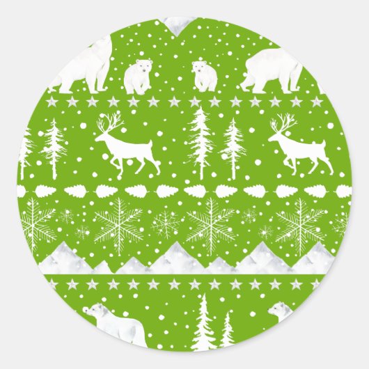 Sticker Rond Sweater Nordique Animaux D'Hiver Lime Vert Et Blan (Devant)