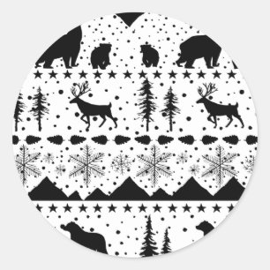 Sticker Rond Sweater Nordique Animaux D'Hiver Noir Et Blanc