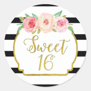 Sticker Rond Sweet 16 Anniversaire Black Stripes Or rose Floral