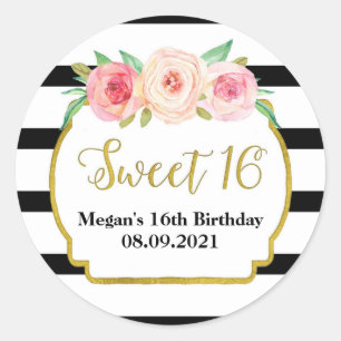 Sticker Rond Sweet 16 Anniversaire Black Stripes Or rose Floral