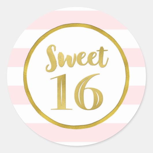 Sticker Rond Sweet 16 Anniversaire Blush Pink Stripes Or (Devant)