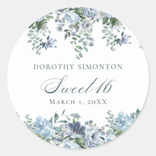 Sticker Rond Sweet 16 Anniversaire Dusty Blue Floral
