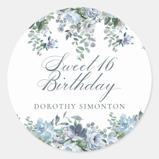 Sticker Rond Sweet 16 Anniversaire Dusty Blue Floral (Devant)