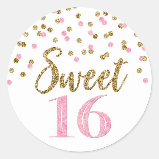 Sticker Rond Sweet 16 Anniversaire Lumière Rose Gold Confetti (Devant)