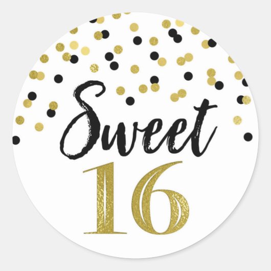 Sticker Rond Sweet 16 Anniversaire Noir et Or Confetti (Devant)