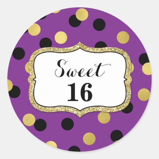 Sticker Rond Sweet 16 Anniversaire Purple Black Gold Confetti (Devant)