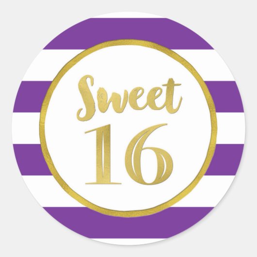 Sticker Rond Sweet 16 Anniversaire Purple Stripes Or (Devant)