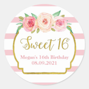 Sticker Rond Sweet 16 Anniversaire rose rayures or rose floral