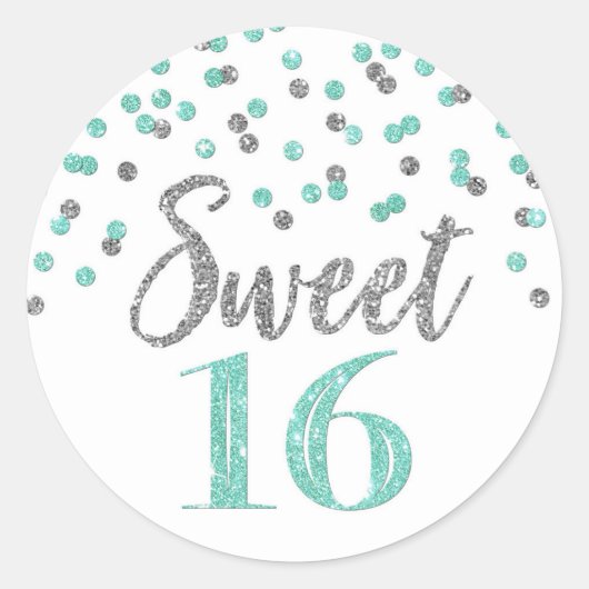 Sticker Rond Sweet 16 Anniversaire Turquoise Bleu Argent Confet (Devant)