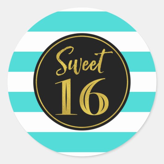 Sticker Rond Sweet 16 Anniversaire Turquoise Or Blancs (Devant)