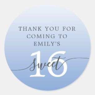 Sticker Rond Sweet 16 Blue Ombre Merci Nom personnalisé