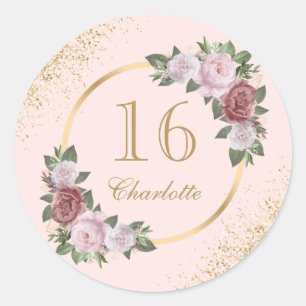 Sticker Rond Sweet 16 Blush Or Rose Floral Anniversaire