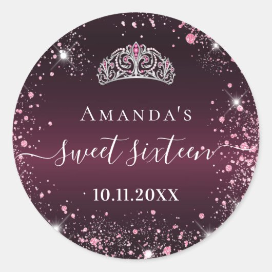 Sticker Rond Sweet 16 burgundy rose tiara nom script (Devant)