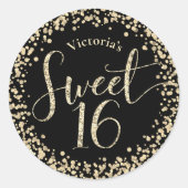 Sticker Rond Sweet 16 Chic Black Gold Parties scintillant Confe (Devant)