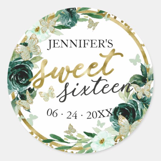 Sticker Rond Sweet 16 Emerald Green Floral Butterfly (Devant)