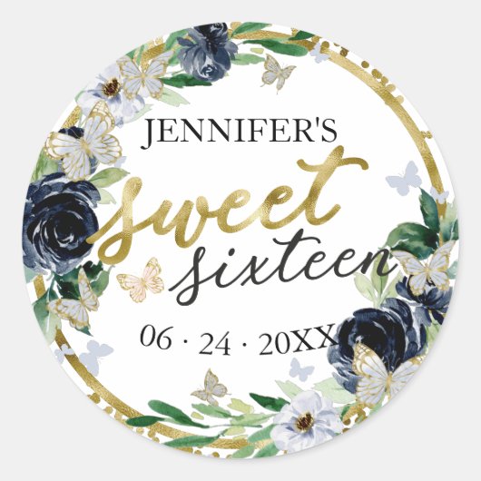 Sticker Rond Sweet 16 Emerald Navy Blue Floral Butterfly (Devant)