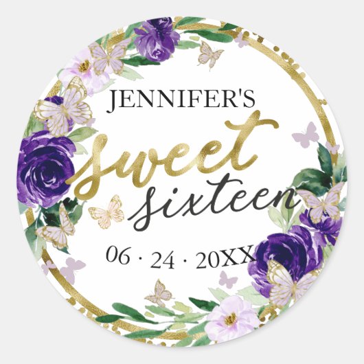 Sticker Rond Sweet 16 Emerald Purple Papillon Floral (Devant)