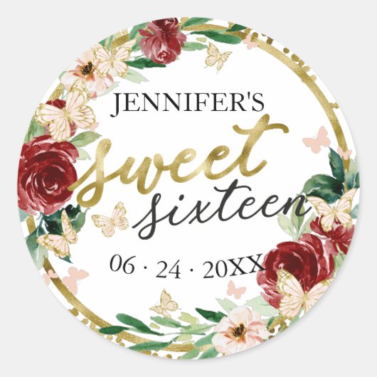 Sticker Rond Sweet 16 Emerald Red Gold Floral Butterfly (Devant)