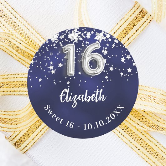 Sticker Rond Sweet 16 étoiles bleu marine en argent