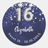 Sticker Rond Sweet 16 étoiles bleu marine en argent (Devant)