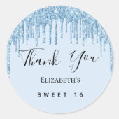 Sticker Rond Sweet 16 fête bébé bleu parties scintillant Merci (Devant)