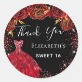 Sticker Rond Sweet 16 flûtes de robe rouge noir Merci (Devant)