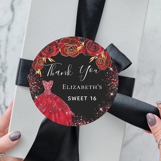 Sticker Rond Sweet 16 flûtes de robe rouge noir Merci