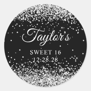 Sticker Rond Sweet 16 Noir Paillettes Argentées