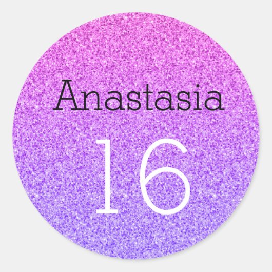 Sticker Rond Sweet 16 Nom Age Ombre Violet Parties scintillant  (Devant)