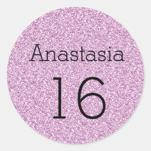 Sticker Rond Sweet 16 Nom Âge Paillettes Noires et Violettes